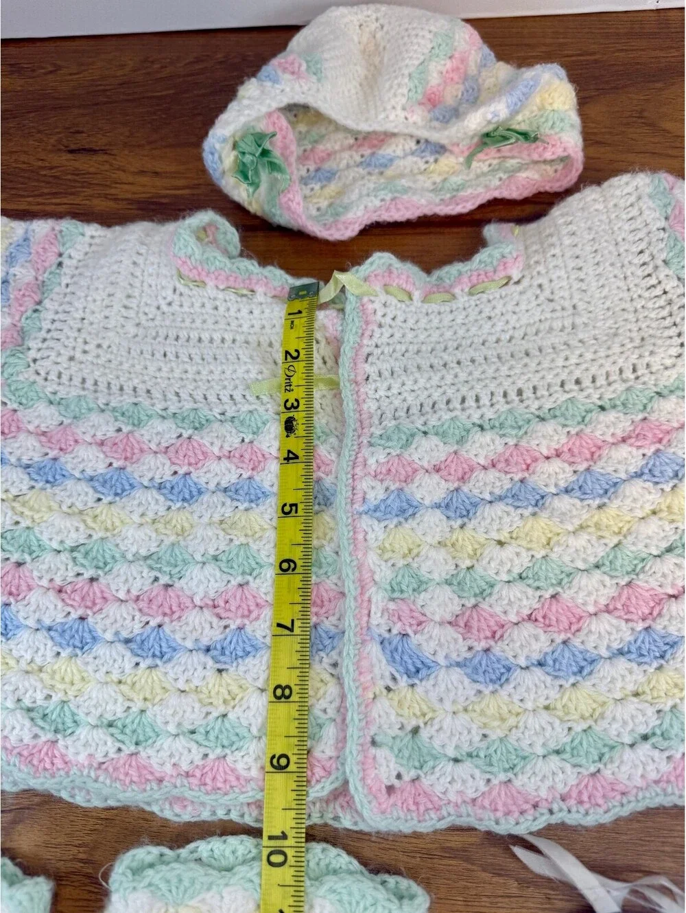 Vintage Handmade Crochet Baby Sweater Set 6-12M Pastel Bonnet Booties Heirloom